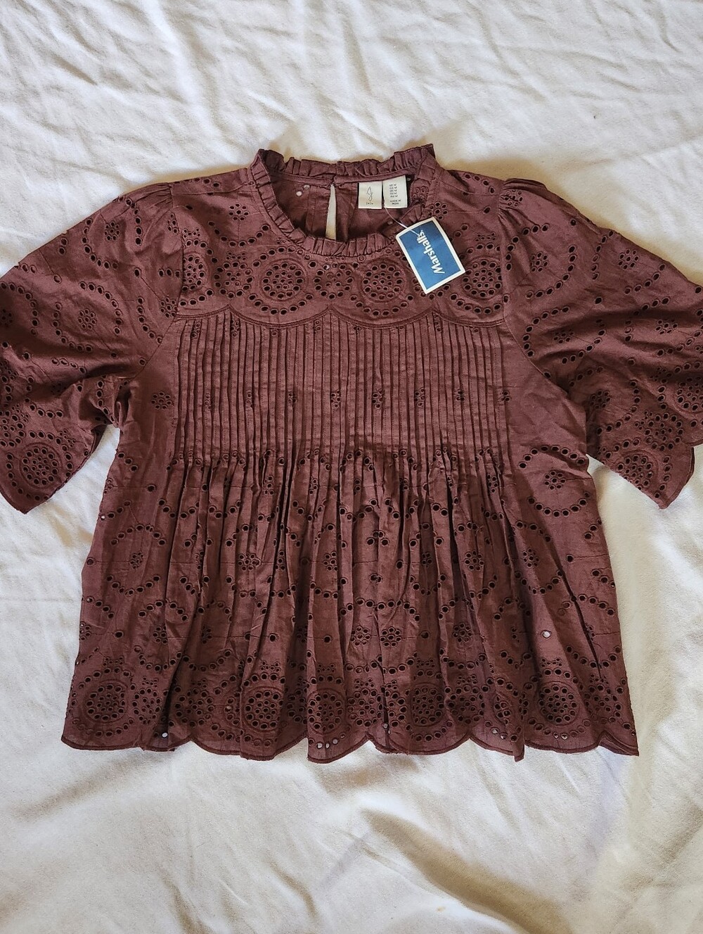 Joie Eyelet Crop Top Brown Puff Sleeve Small Boho NWT